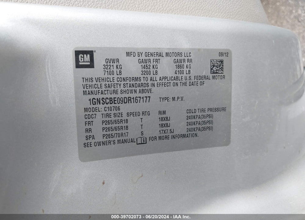 2013 CHEVROLET TAHOE LT VIN: 1GNSCBE09DR167177