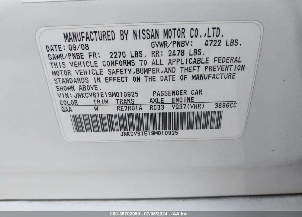 2009 INFINITI G37 JOURNEY VIN: JNKCV61E19M010925