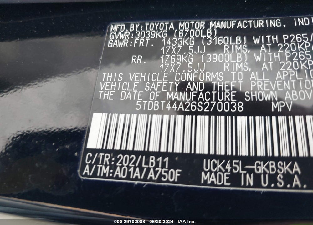 2006 TOYOTA SEQUOIA SR5 V8 VIN: 5TDBT44A26S270038
