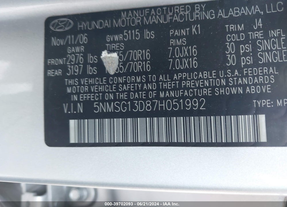 2007 HYUNDAI SANTA FE GLS VIN: 5NMSG13D87H051992