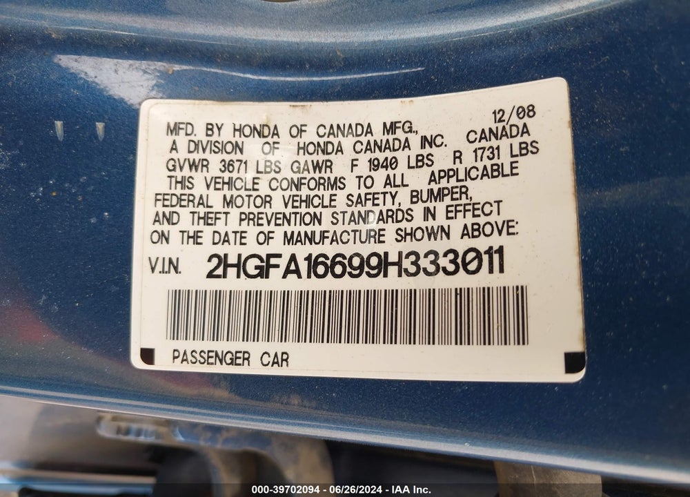 2009 HONDA CIVIC LX-S VIN: 2HGFA16699H333011