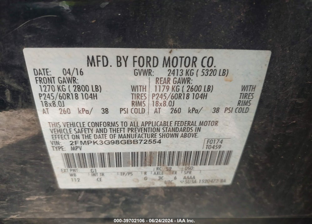 2016 FORD EDGE SE VIN: 2FMPK3G98GBB72554