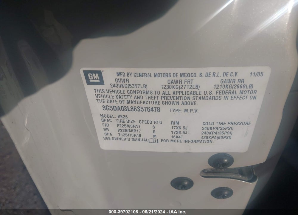 2006 BUICK RENDEZVOUS CX VIN: 3G5DA03L86S576478