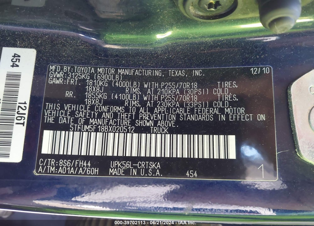2011 TOYOTA TUNDRA GRADE 4.6L V8 VIN: 5TFUM5F18BX020512