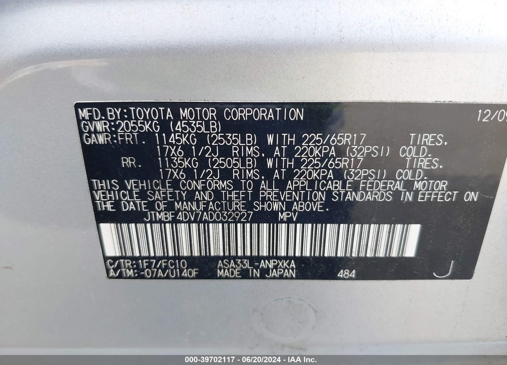 2010 TOYOTA RAV4 VIN: JTMBF4DV7AD032927
