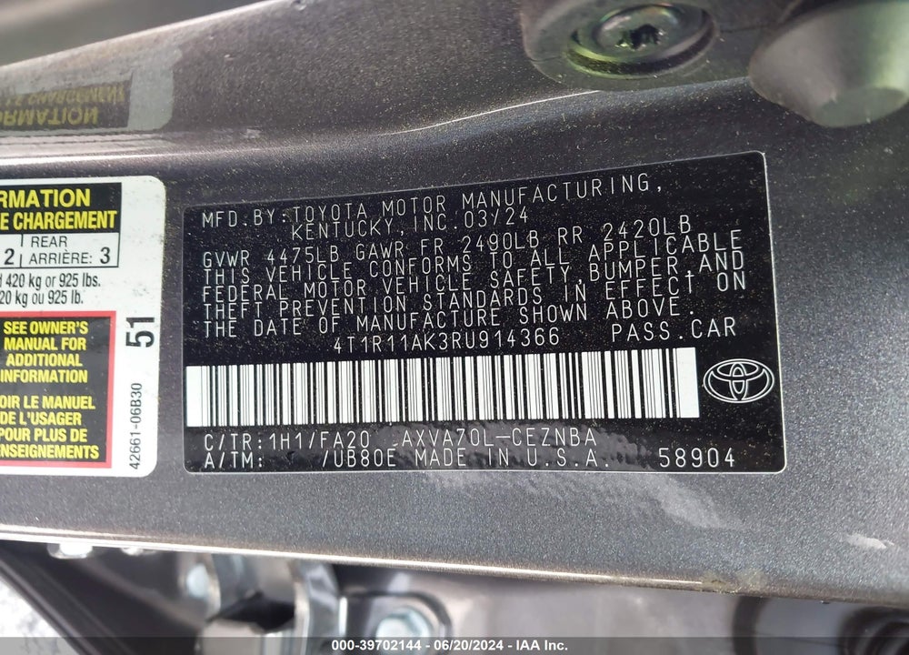 2024 TOYOTA CAMRY LE VIN: 4T1R11AK3RU914366
