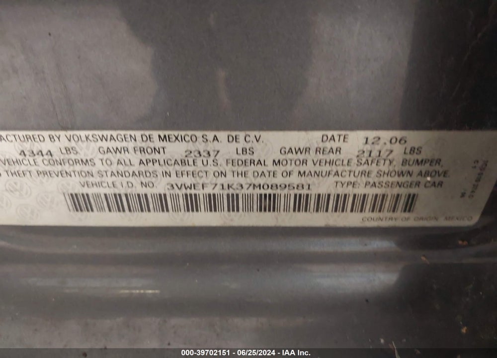 2007 VOLKSWAGEN JETTA WOLFSBURG EDITION VIN: 3VWEF71K37M089581
