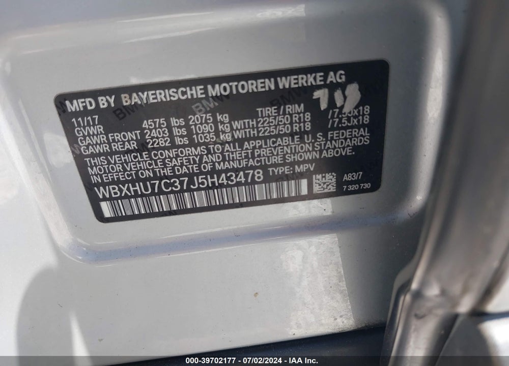 2018 BMW X1 SDRIVE28I VIN: WBXHU7C37J5H43478