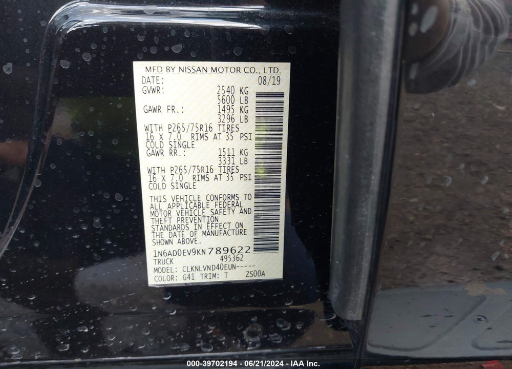 2019 NISSAN FRONTIER PRO-4X VIN: 1N6AD0EV9KN789622