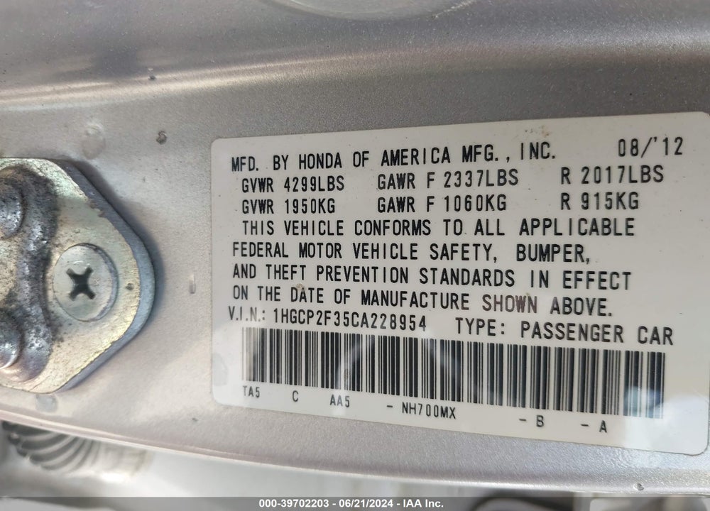 2012 HONDA ACCORD 2.4 LX VIN: 1HGCP2F35CA228954