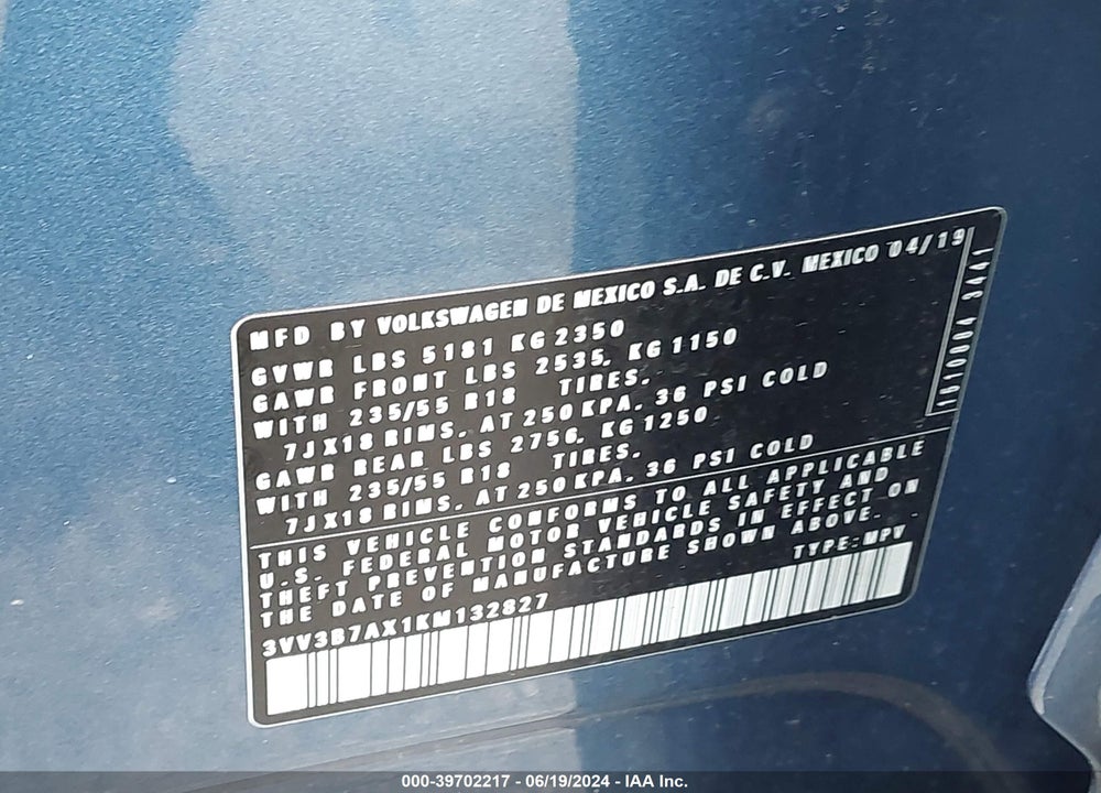 2019 VOLKSWAGEN TIGUAN 2.0T SE/2.0T SEL/2.0T SEL R-LINE/2.0T SEL R-LINE BLACK VIN: 3VV3B7AX1KM132827