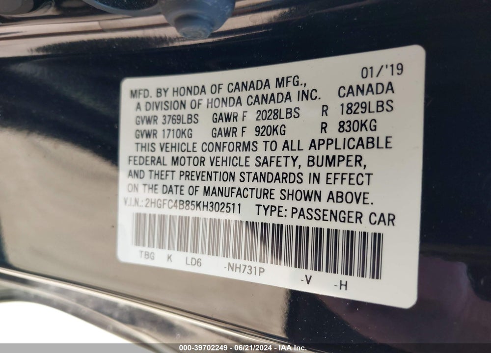 2019 HONDA CIVIC SPORT VIN: 2HGFC4B85KH302511