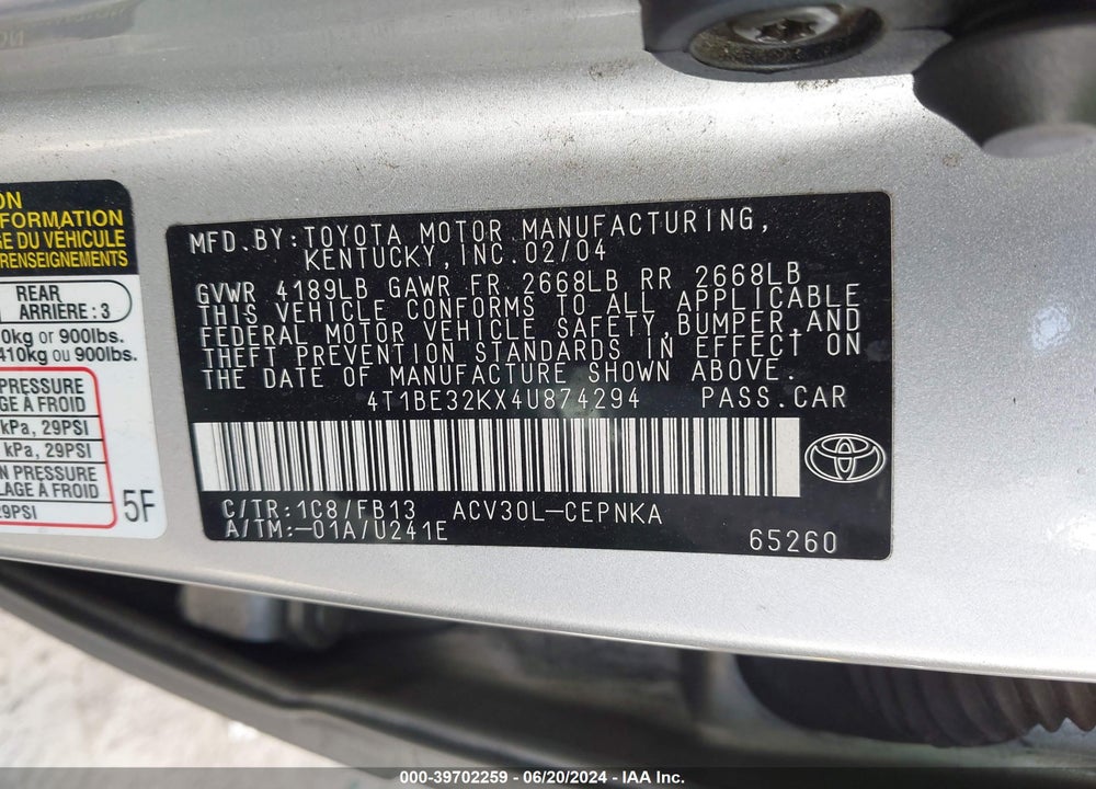 2004 TOYOTA CAMRY LE VIN: 4T1BE32KX4U874294