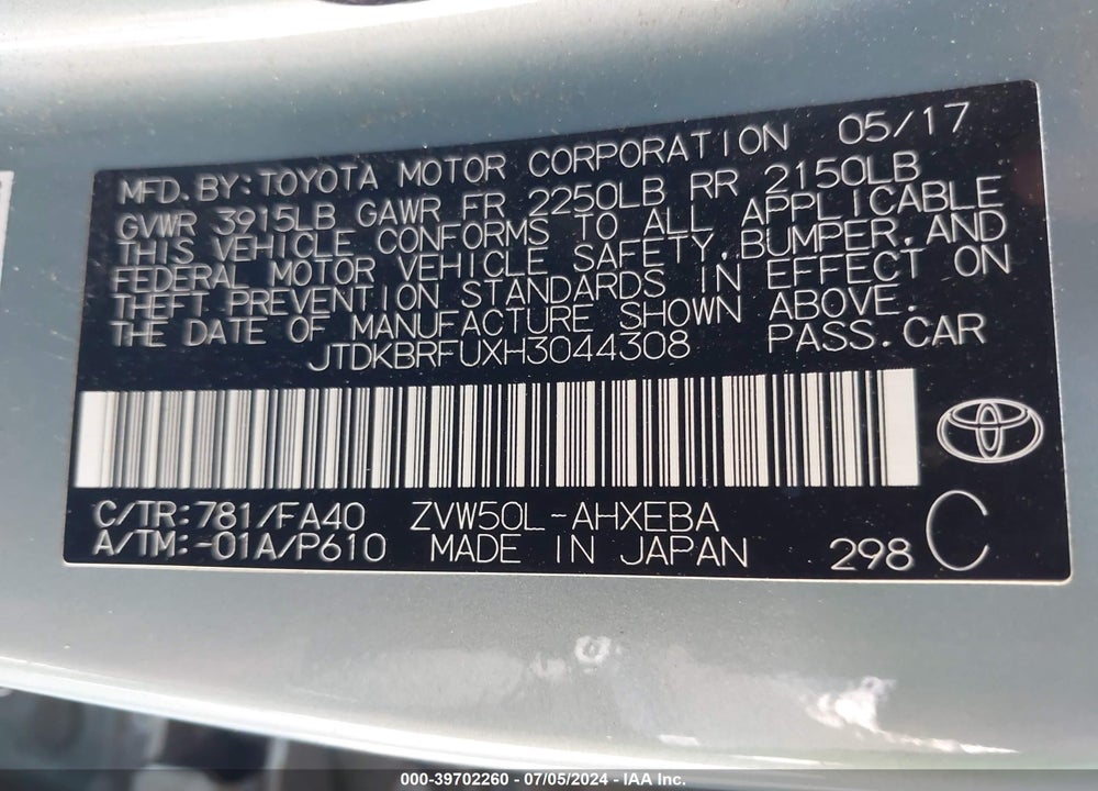 2017 TOYOTA PRIUS TWO VIN: JTDKBRFUXH3044308