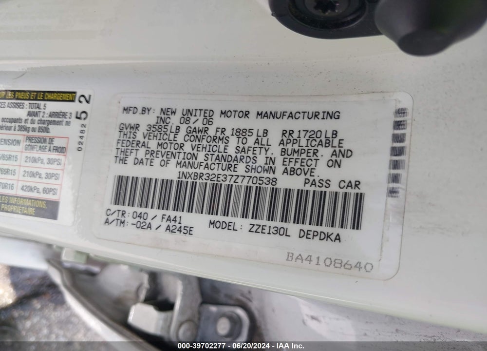 2007 TOYOTA COROLLA CE VIN: 1NXBR32E37Z770538