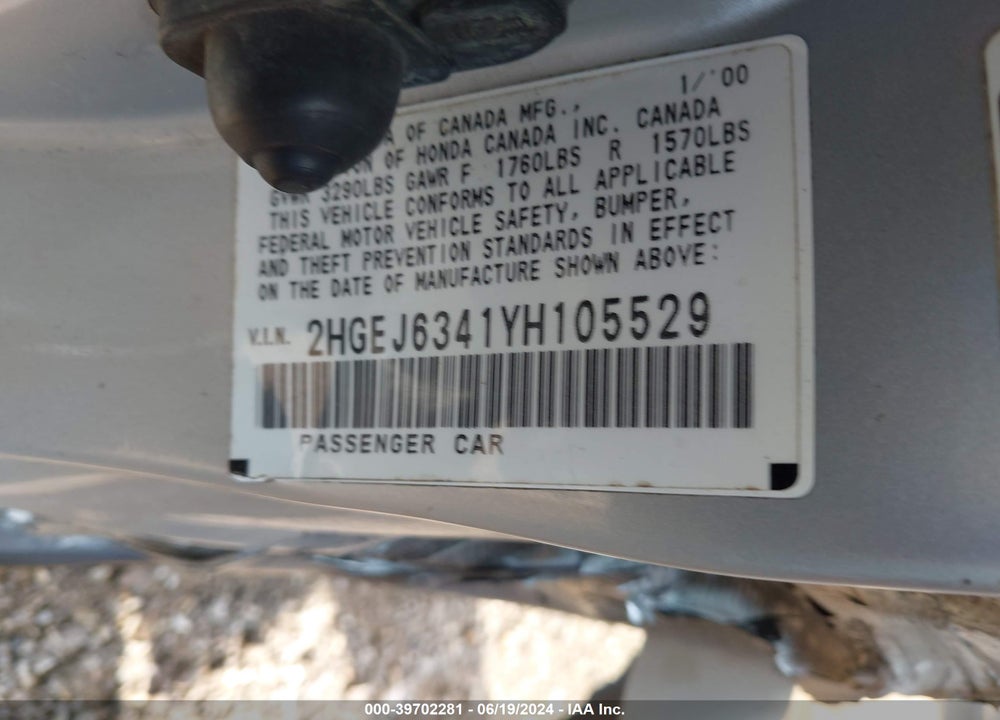 2000 HONDA CIVIC DX VIN: 2HGEJ6341YH105529