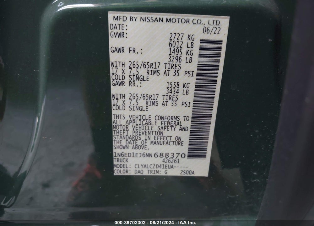 2022 NISSAN FRONTIER SV 4X2 VIN: 1N6ED1EJ6NN688370