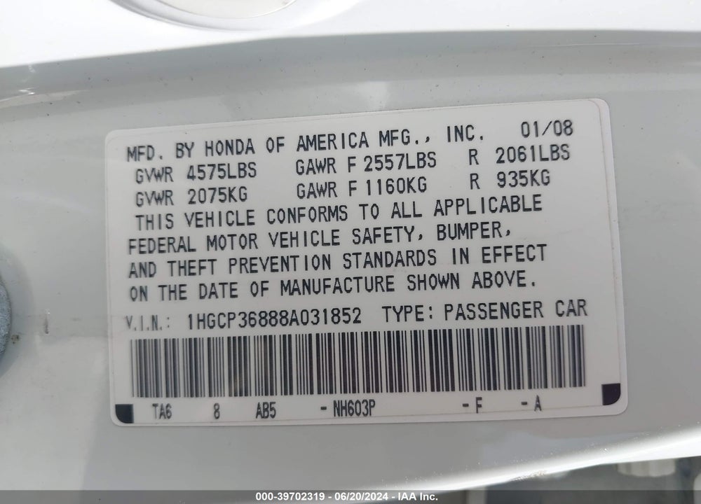 2008 HONDA ACCORD 3.5 EX-L VIN: 1HGCP36888A031852