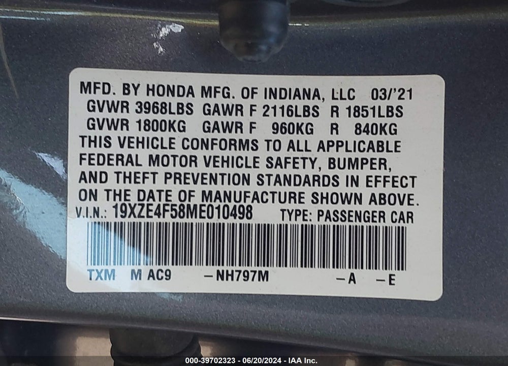 2021 HONDA INSIGHT EX VIN: 19XZE4F58ME010498