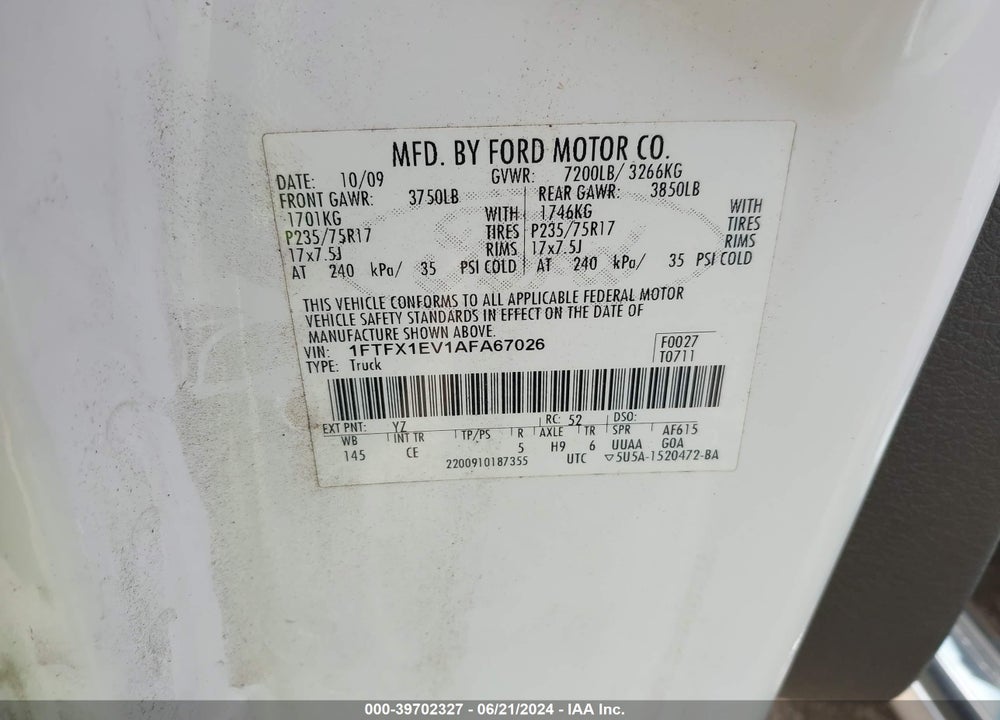 2010 FORD F-150 FX4/LARIAT/XL/XLT VIN: 1FTFX1EV1AFA67026