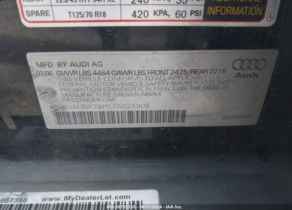 2007 AUDI A3 2.0T VIN: WAUNF78P57A024908