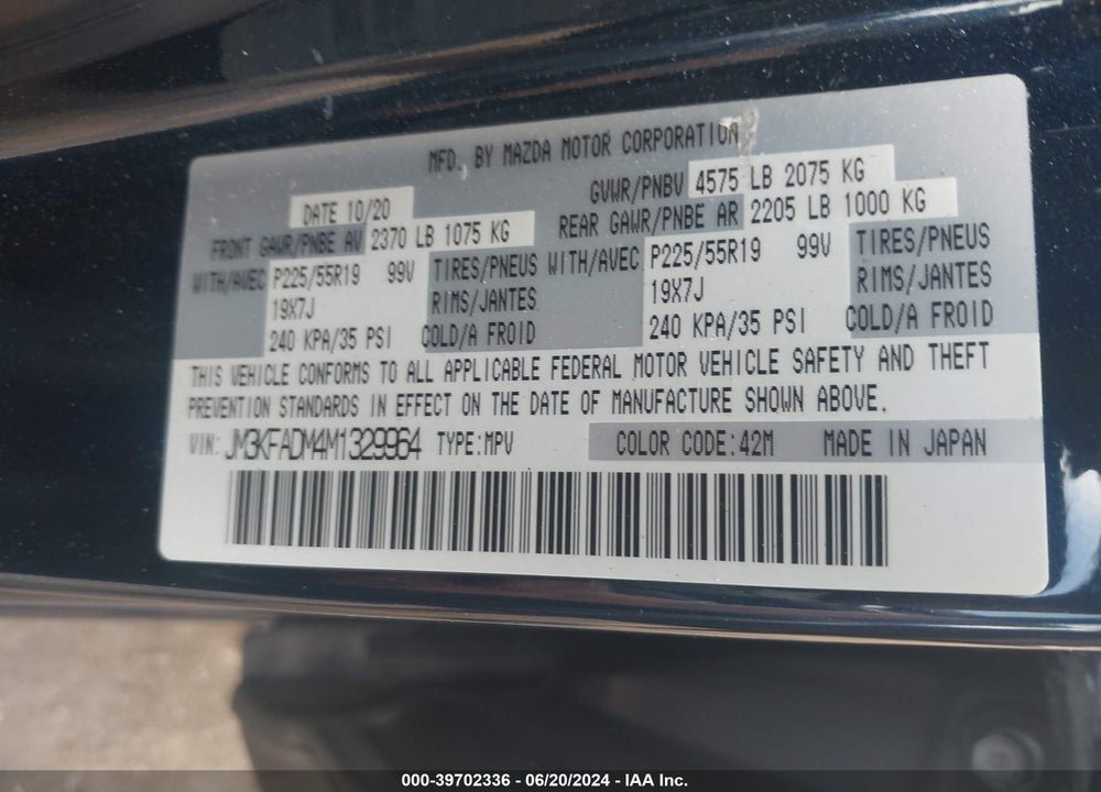 2021 MAZDA CX-5 GRAND TOURING VIN: JM3KFADM4M1329964