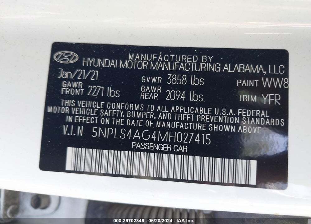 2021 HYUNDAI ELANTRA SEL VIN: 5NPLS4AG4MH027415