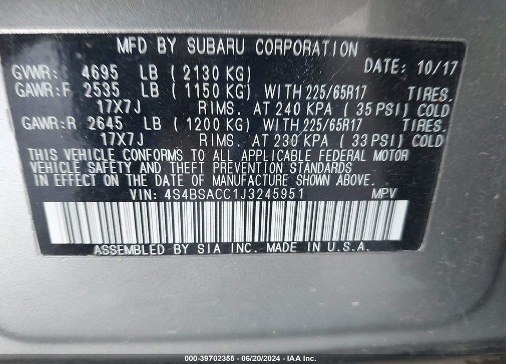 2018 SUBARU OUTBACK 2.5I PREMIUM VIN: 4S4BSACC1J3245951