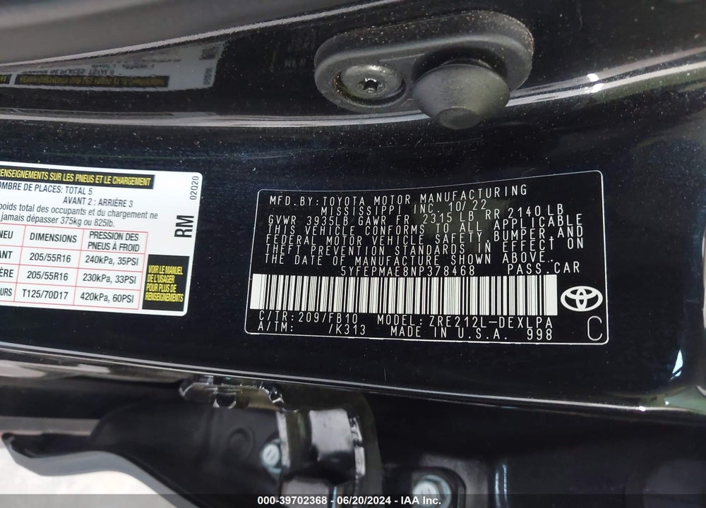 2022 TOYOTA COROLLA LE VIN: 5YFEPMAE8NP378468
