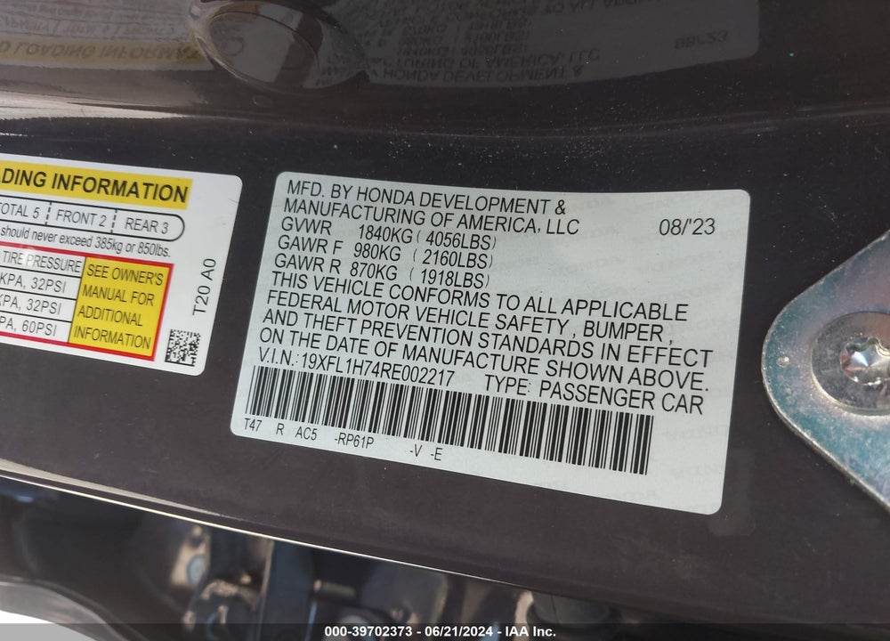 2024 HONDA CIVIC EX-L VIN: 19XFL1H74RE002217
