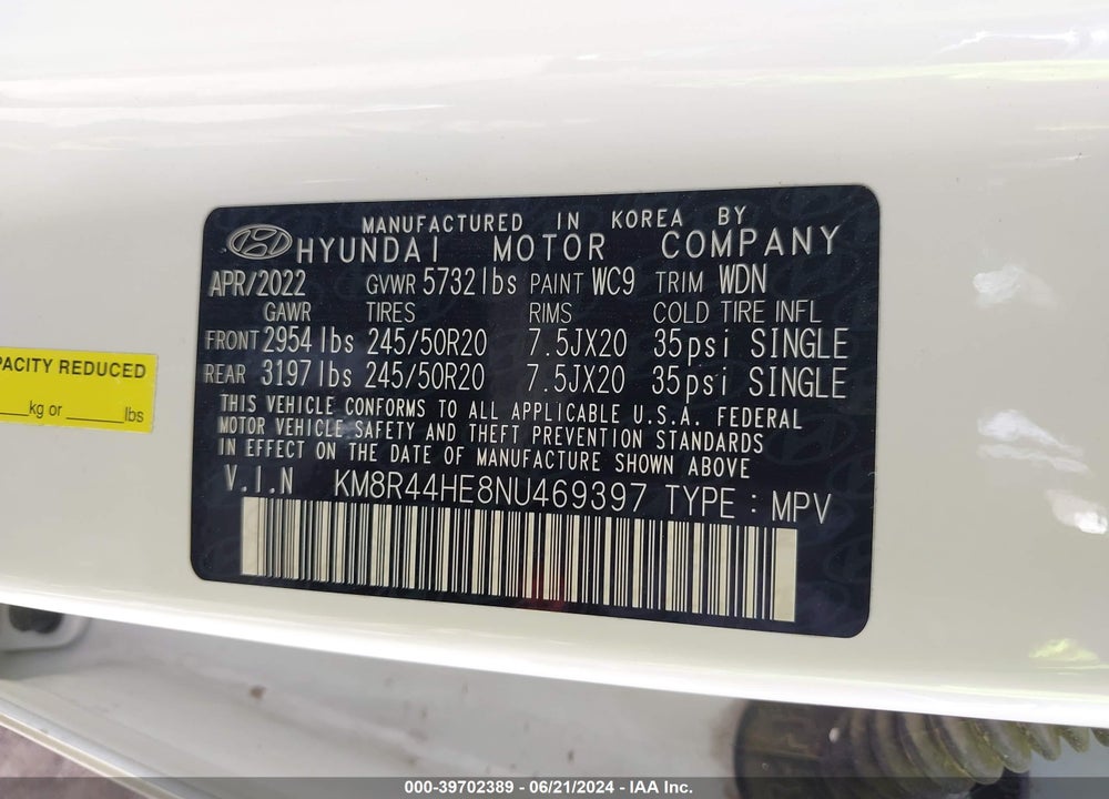 2022 HYUNDAI PALISADE SEL VIN: KM8R44HE8NU469397