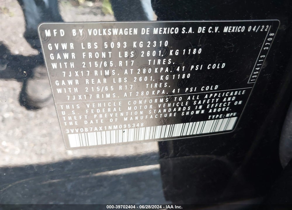 2022 VOLKSWAGEN TIGUAN 2.0T S VIN: 3VV0B7AX1NM095348