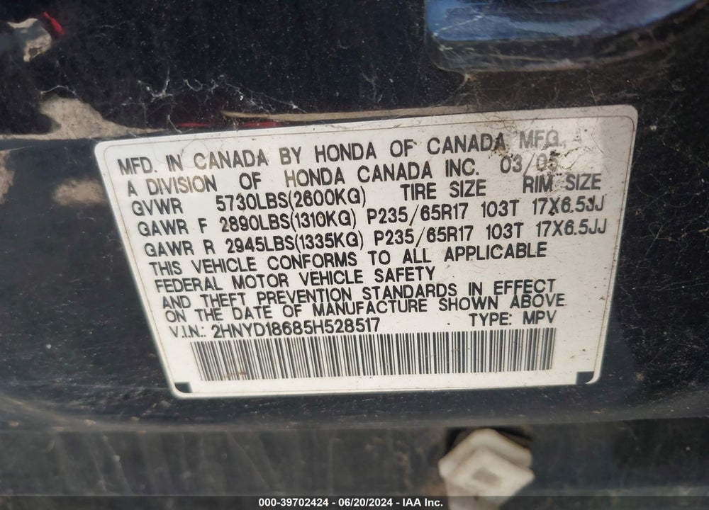 2005 ACURA MDX VIN: 2HNYD18685H528517