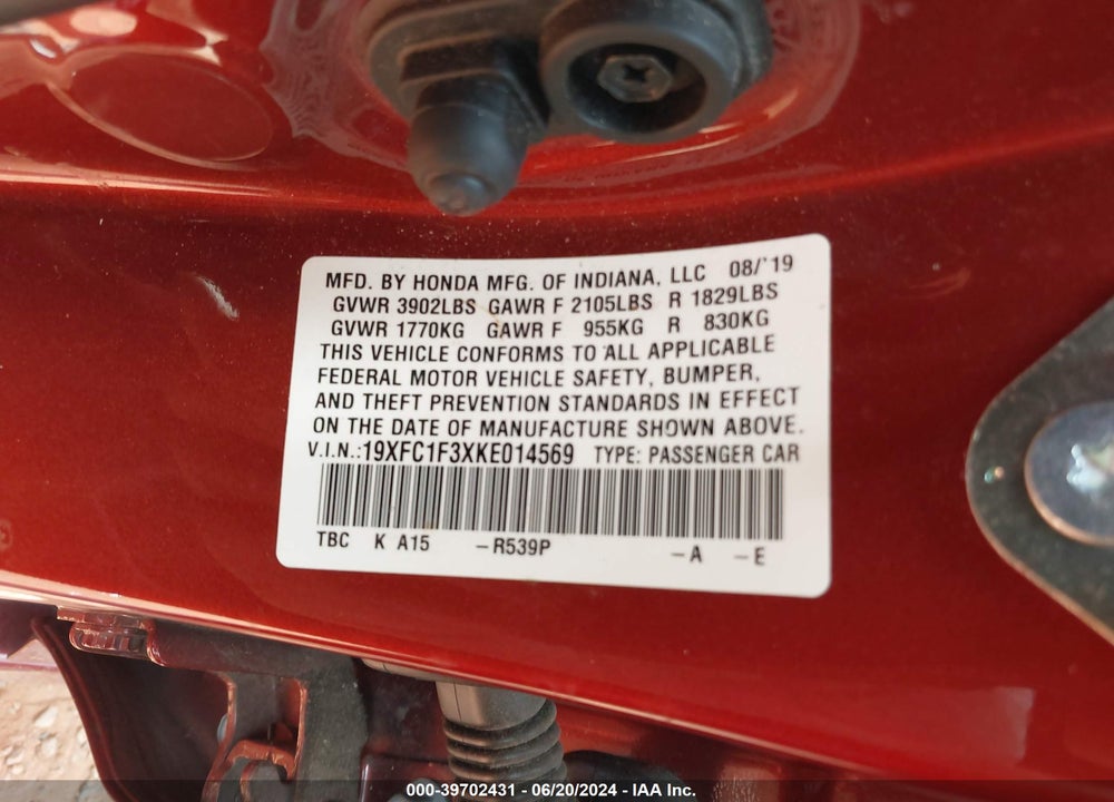 2019 HONDA CIVIC EX VIN: 19XFC1F3XKE014569