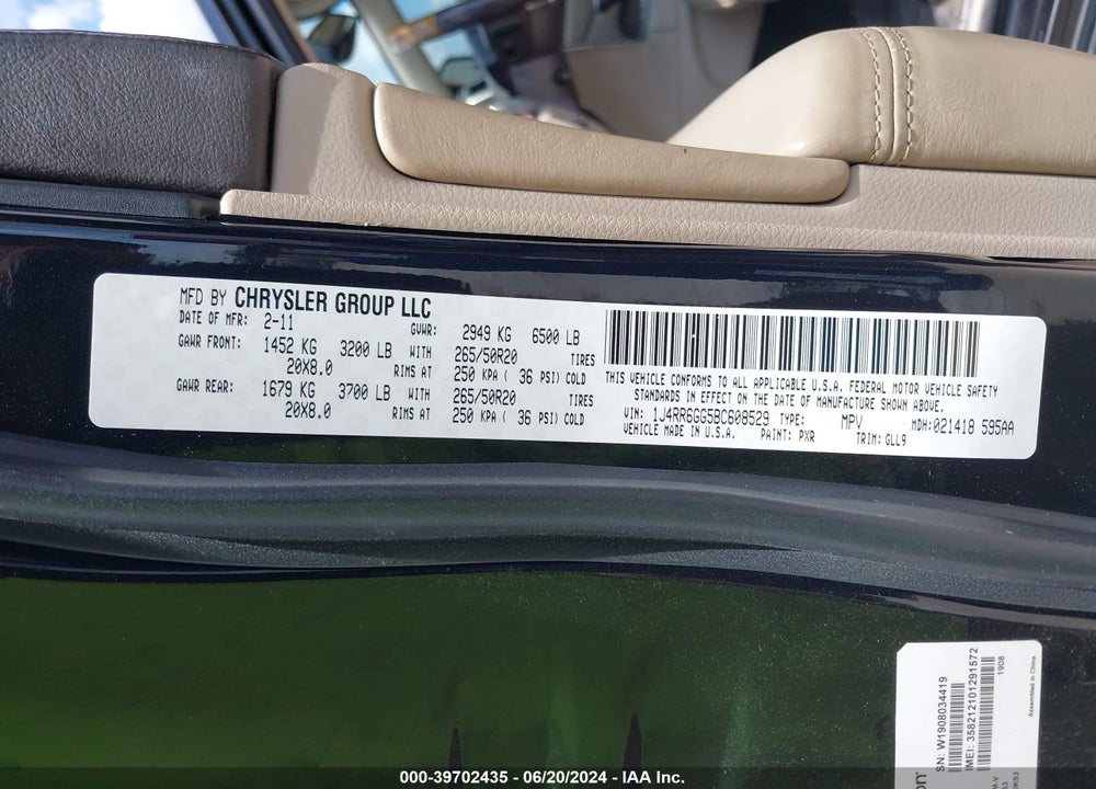 2011 JEEP GRAND CHEROKEE OVERLAND VIN: 1J4RR6GG5BC608529