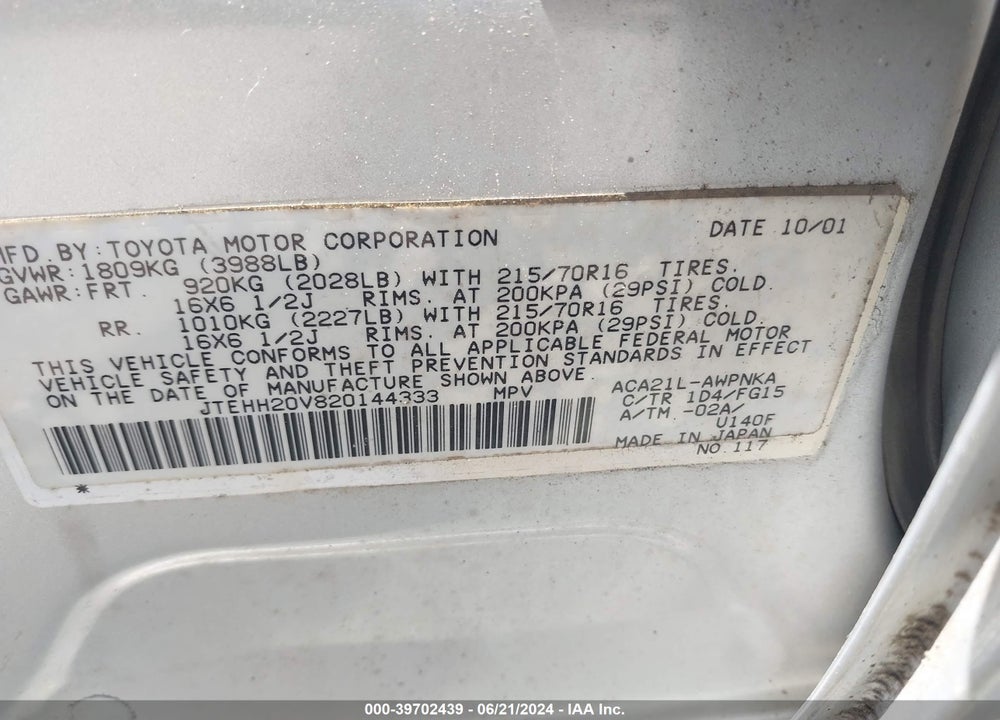 2002 TOYOTA RAV4 VIN: JTEHH20V820144333