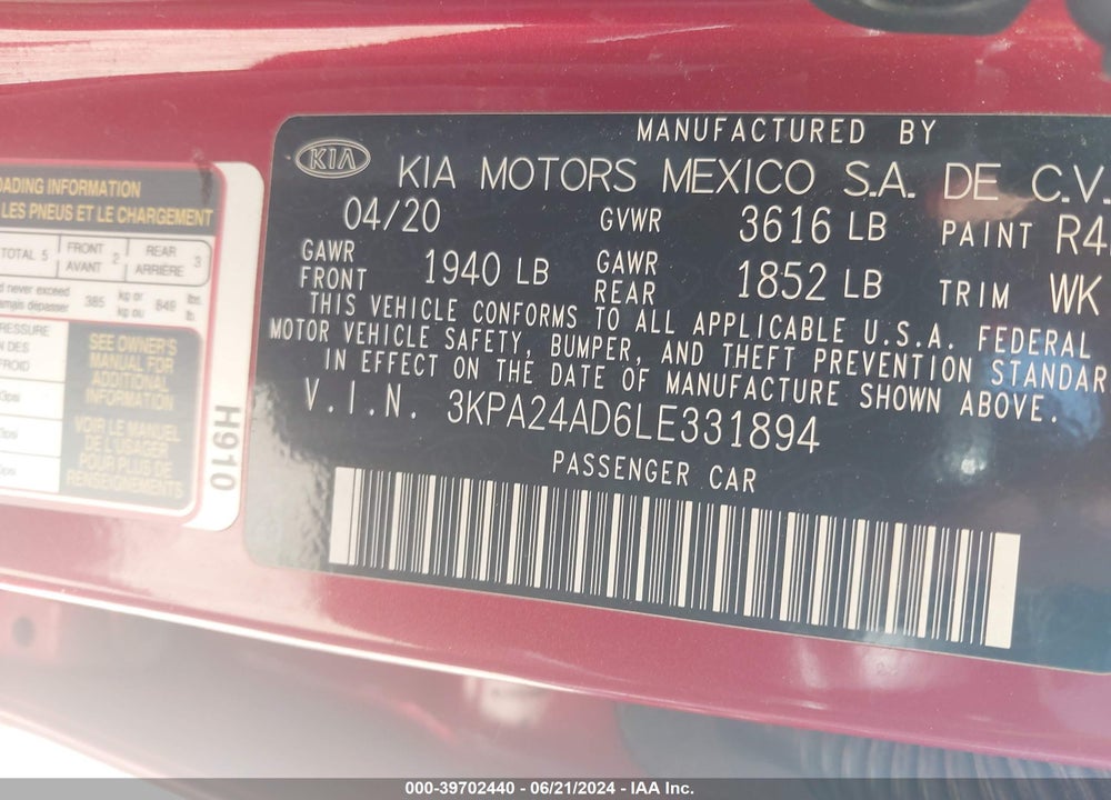 2020 KIA RIO S VIN: 3KPA24AD6LE331894