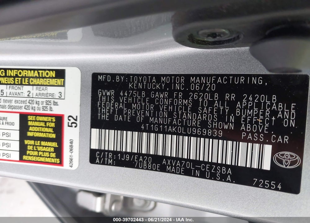 2020 TOYOTA CAMRY SE VIN: 4T1G11AK0LU969839
