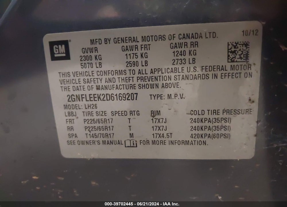 2013 CHEVROLET EQUINOX 1LT VIN: 2GNFLEEK2D6169207