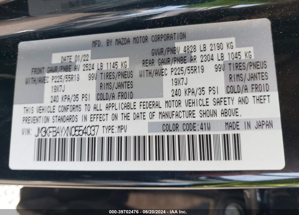 2022 MAZDA CX-5 2.5 TURBO VIN: JM3KFBAYXN0554037