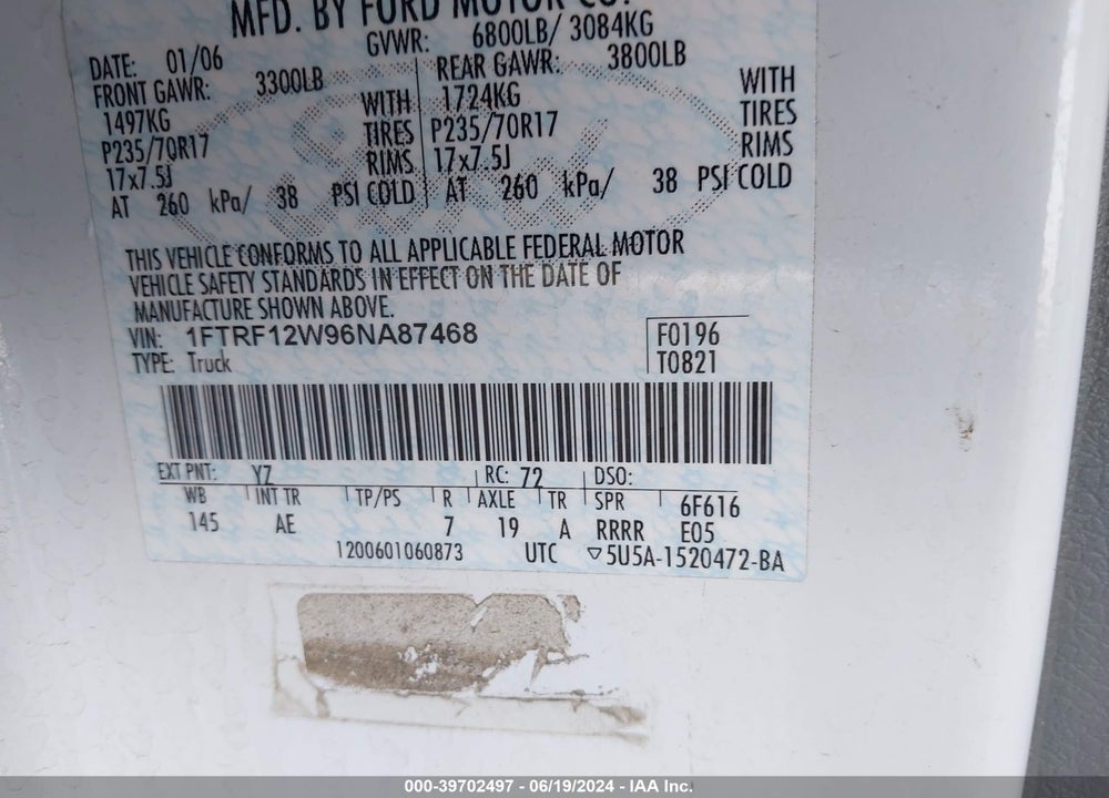 2006 FORD F-150 STX/XL/XLT VIN: 1FTRF12W96NA87468