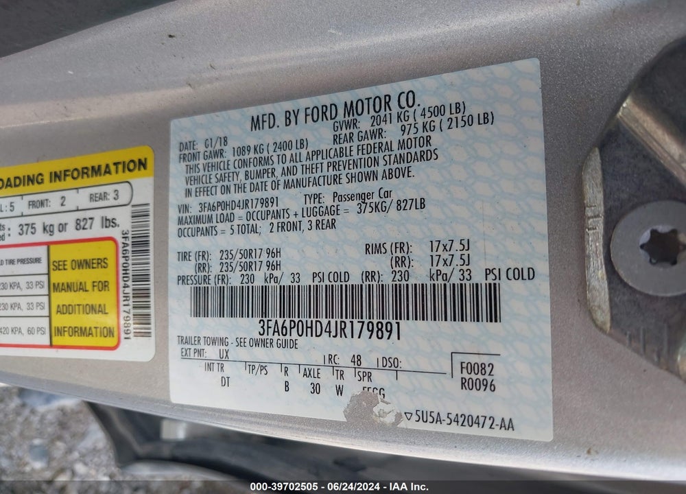 2018 FORD FUSION SE VIN: 3FA6P0HD4JR179891