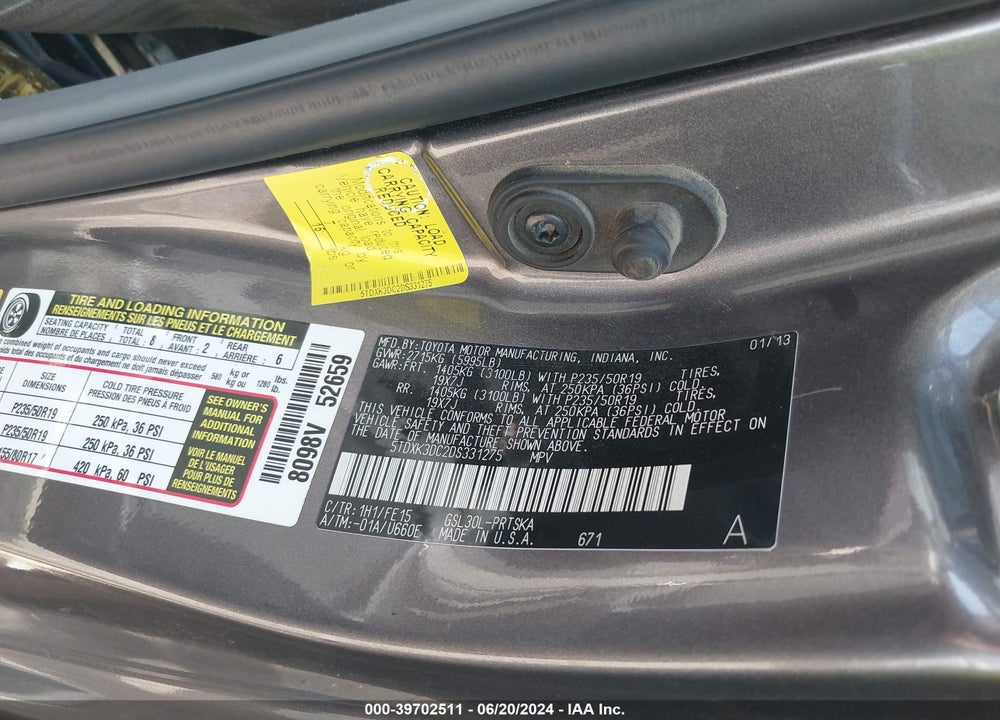 2013 TOYOTA SIENNA SE 8 PASSENGER VIN: 5TDXK3DC2DS331275
