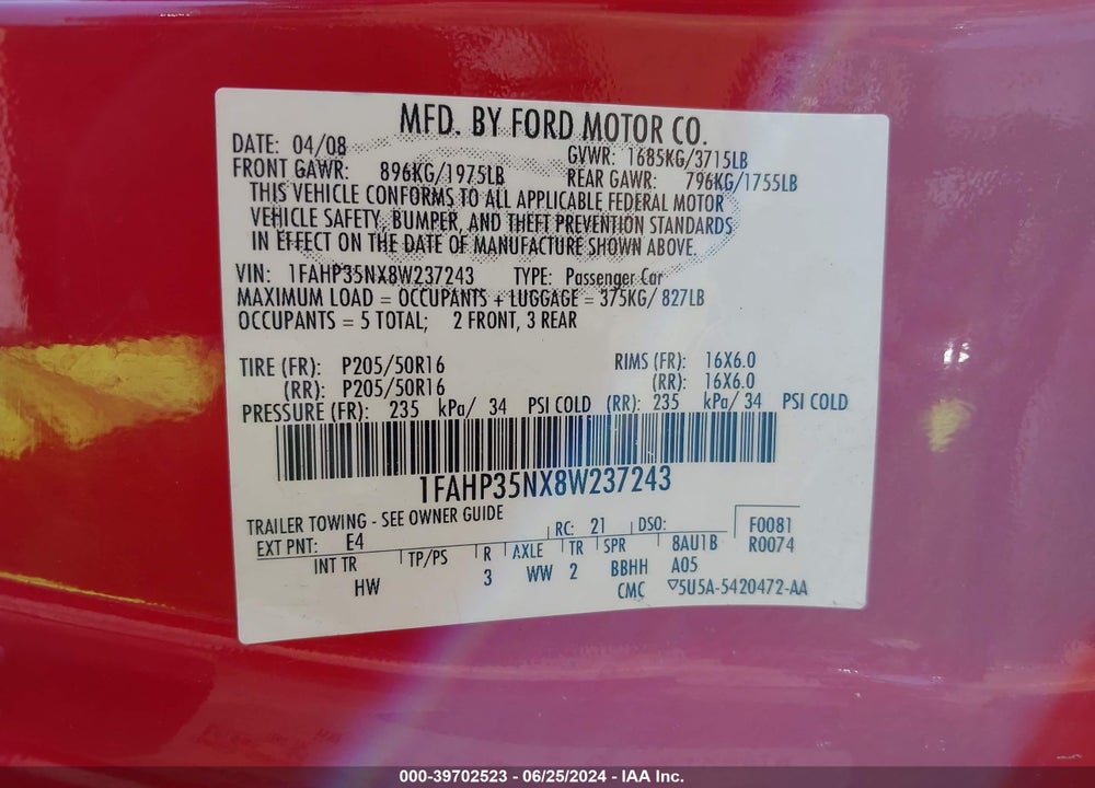 2008 FORD FOCUS SE/SES VIN: 1FAHP35NX8W237243