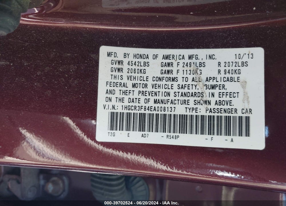 2014 HONDA ACCORD EX-L V-6 VIN: 1HGCR3F84EA008137