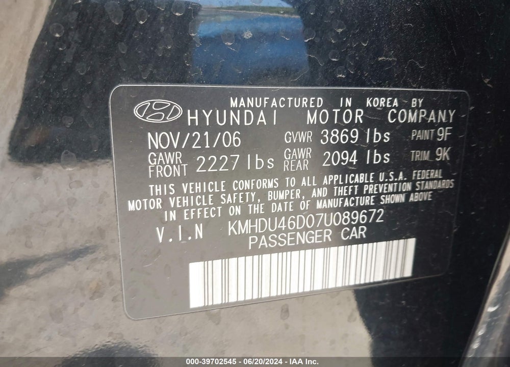 2007 HYUNDAI ELANTRA VIN: KMHDU46D07U089672