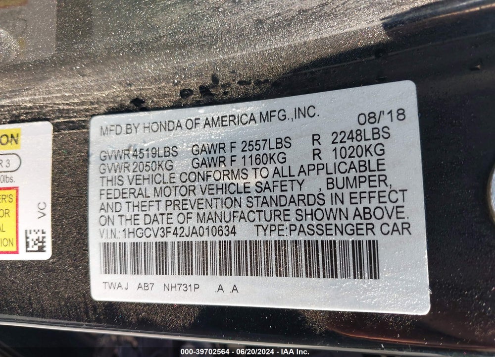 2018 HONDA ACCORD HYBRID EX VIN: 1HGCV3F42JA010634