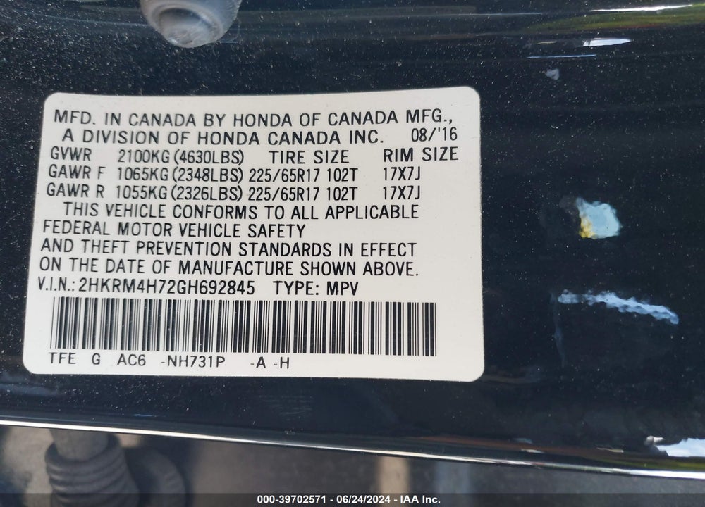 2016 HONDA CR-V EX-L VIN: 2HKRM4H72GH692845