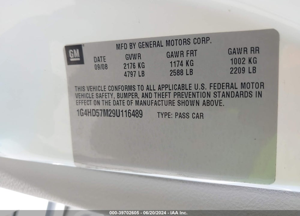 2009 BUICK LUCERNE CXL VIN: 1G4HD57M29U116489