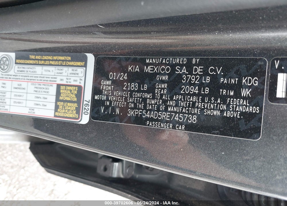 2024 KIA FORTE GT LINE VIN: 3KPF54AD5RE745738